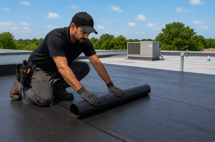 Roofer unrolling a black modified bitumen membrane on a commercial flat roof
