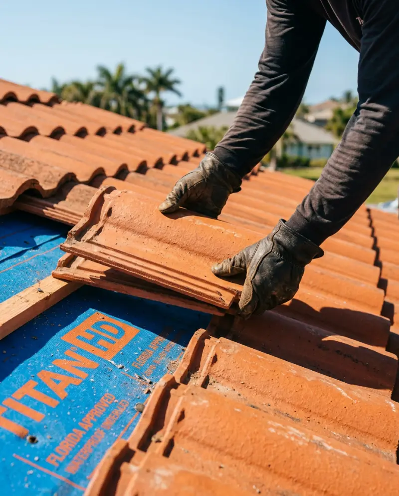 Roofer setting terracotta clay tiles over blue waterproof underlayment