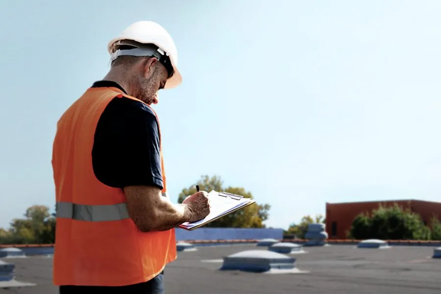 Commercial roof inspector in a hard hat and orange vest taking notes on a flat roof
