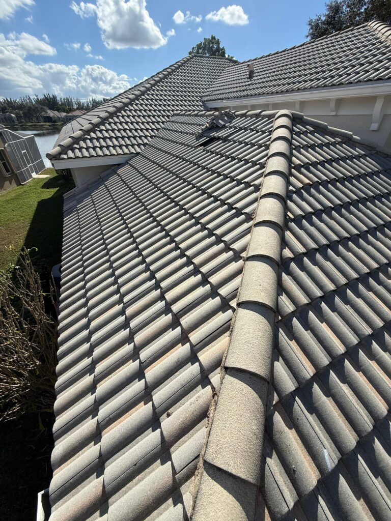 Close-up of a weathered gray concrete tile roof on a lakefront home